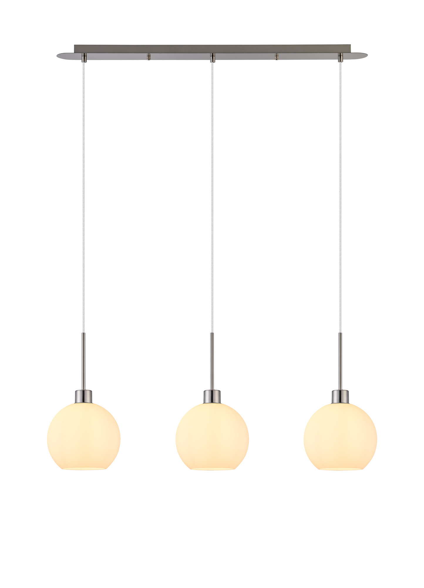 DK1394  Lori Linear Pendant, 3 Light Adjustable E27, Satin Nickel/Opal Open Mouth Round Globe Shades